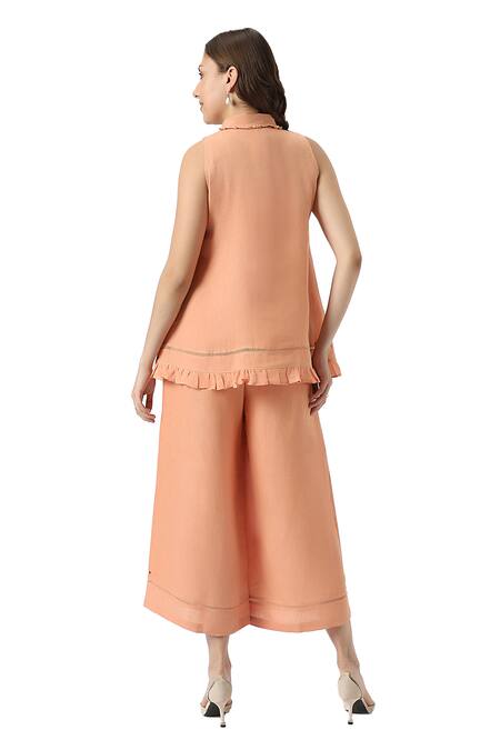 Buy_Kaveri_Orange 100% Linen Solid Collar Teepee Frilly Top With Flared Pant 