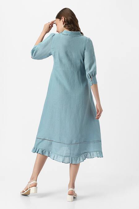 Shop Kaveri Blue Linen Collared Teepee Frilly Poet Sleeves Midi Dress at Aza Fashions Shop_Kaveri_Blue Linen Collared Teepee Frilly Poet Sleeves Midi Dress_at_Aza_Fashions