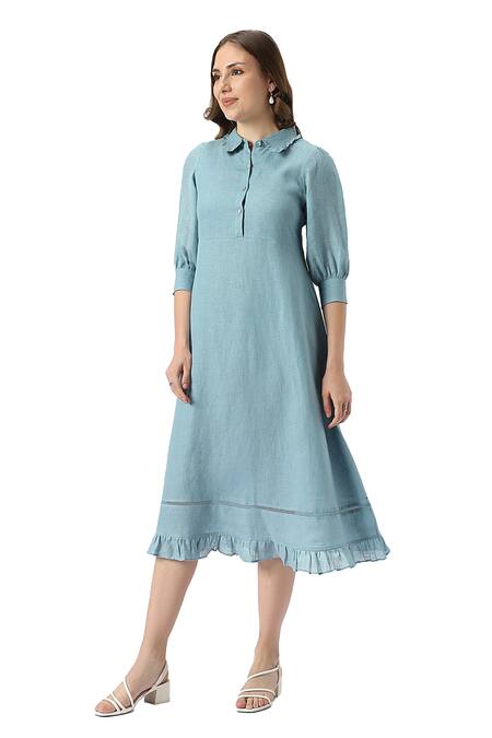 Kaveri Blue Linen Collared Teepee Frilly Poet Sleeves Midi Dress Online at Aza Fashions Kaveri_Blue Linen Collared Teepee Frilly Poet Sleeves Midi Dress_Online_at_Aza_Fashions