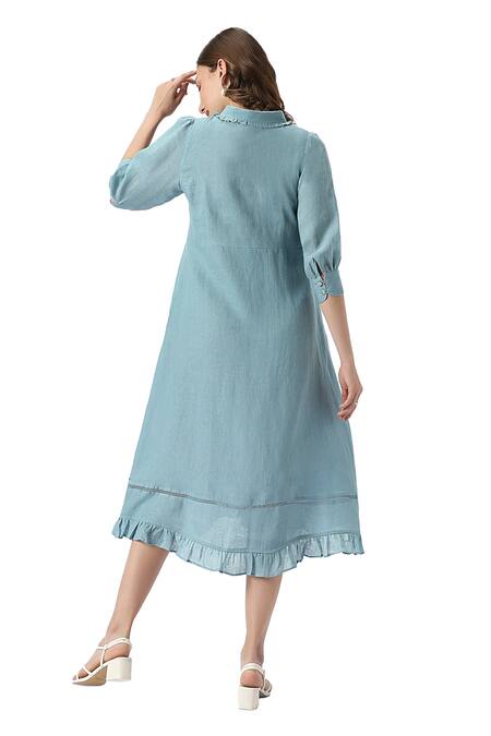 Buy Kaveri Blue Linen Collared Teepee Frilly Poet Sleeves Midi Dress Online at Aza Fashions Buy_Kaveri_Blue Linen Collared Teepee Frilly Poet Sleeves Midi Dress_Online_at_Aza_Fashions