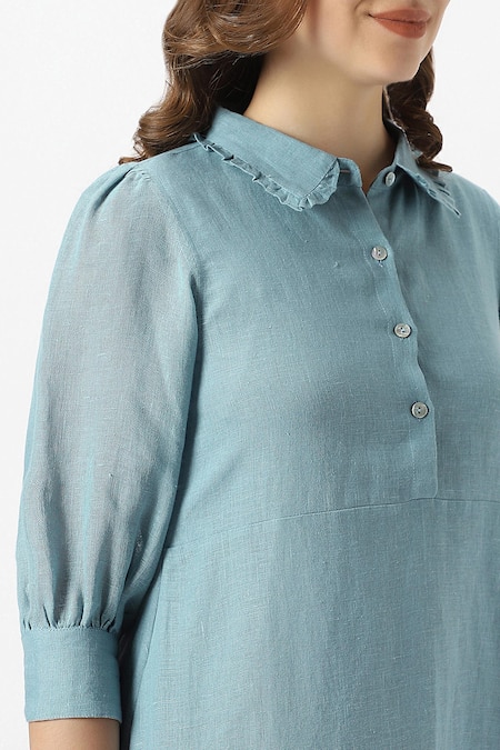 Shop Kaveri Blue Linen Collared Teepee Frilly Poet Sleeves Midi Dress Online at Aza Fashions Shop_Kaveri_Blue Linen Collared Teepee Frilly Poet Sleeves Midi Dress_Online_at_Aza_Fashions