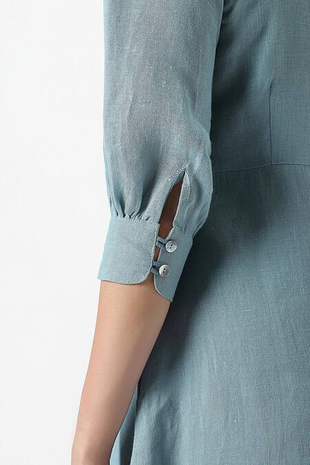 Kaveri Blue Linen Collared Teepee Frilly Poet Sleeves Midi Dress at Aza Fashions Kaveri_Blue Linen Collared Teepee Frilly Poet Sleeves Midi Dress_at_Aza_Fashions