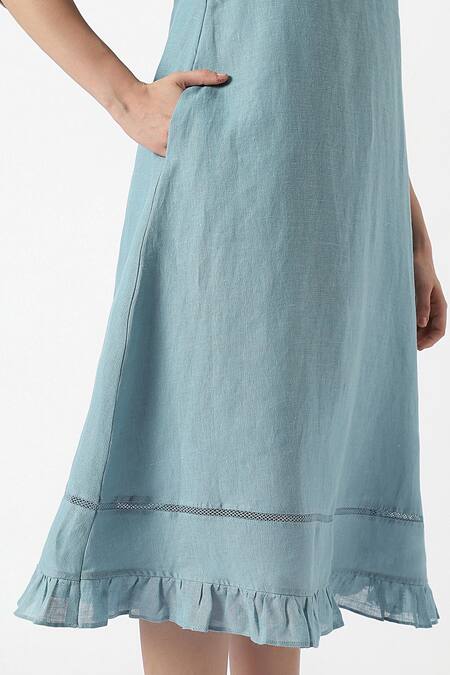 Buy Kaveri Blue Linen Collared Teepee Frilly Poet Sleeves Midi Dress Buy_Kaveri_Blue Linen Collared Teepee Frilly Poet Sleeves Midi Dress
