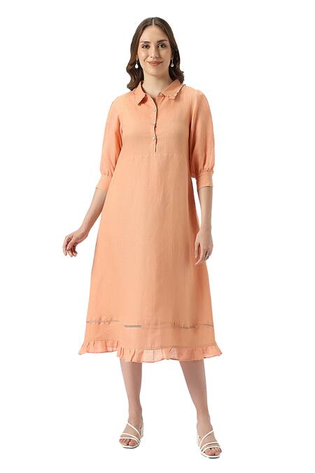 Kaveri Orange Linen Collared Teepee Frilly Poet Sleeves Solid Midi Dress Online at Aza Fashions Kaveri_Orange Linen Collared Teepee Frilly Poet Sleeves Solid Midi Dress_Online_at_Aza_Fashions