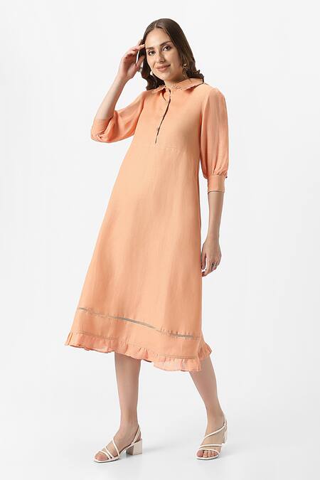 Buy Kaveri Orange Linen Collared Teepee Frilly Poet Sleeves Solid Midi Dress Online at Aza Fashions Buy_Kaveri_Orange Linen Collared Teepee Frilly Poet Sleeves Solid Midi Dress_Online_at_Aza_Fashions