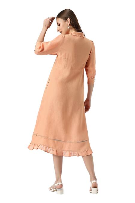 Shop Kaveri Orange Linen Collared Teepee Frilly Poet Sleeves Solid Midi Dress Online at Aza Fashions Shop_Kaveri_Orange Linen Collared Teepee Frilly Poet Sleeves Solid Midi Dress_Online_at_Aza_Fashions
