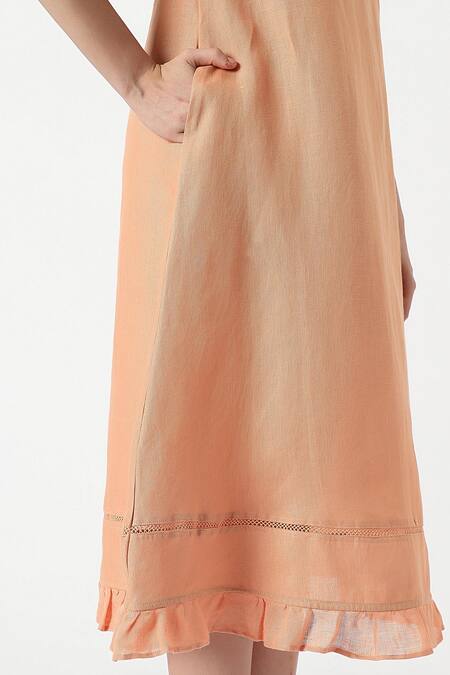 Kaveri Orange Linen Collared Teepee Frilly Poet Sleeves Solid Midi Dress at Aza Fashions Kaveri_Orange Linen Collared Teepee Frilly Poet Sleeves Solid Midi Dress_at_Aza_Fashions