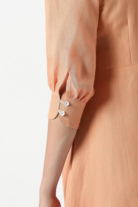 Buy Kaveri Orange Linen Collared Teepee Frilly Poet Sleeves Solid Midi Dress Buy_Kaveri_Orange Linen Collared Teepee Frilly Poet Sleeves Solid Midi Dress