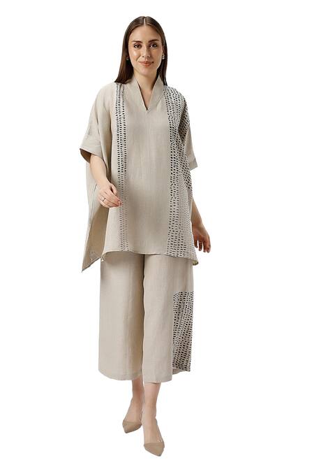 Buy Kaveri Beige 100% Linen Print Foil V Neck Forest Land Square Top With Pant Online at Aza Fashions Buy_Kaveri_Beige 100% Linen Print Foil V Neck Forest Land Square Top With Pant _Online_at_Aza_Fashions