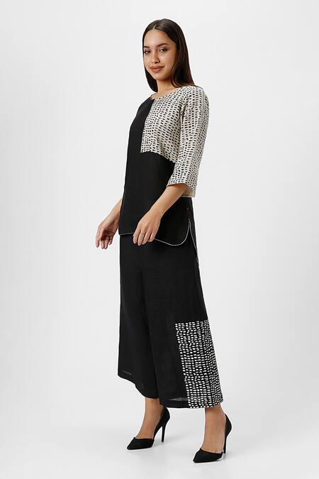 Shop_Kaveri_Black 100% Linen Print Foil Forest Land Square Top With Flared Pant  _Online_at_Aza_Fashions