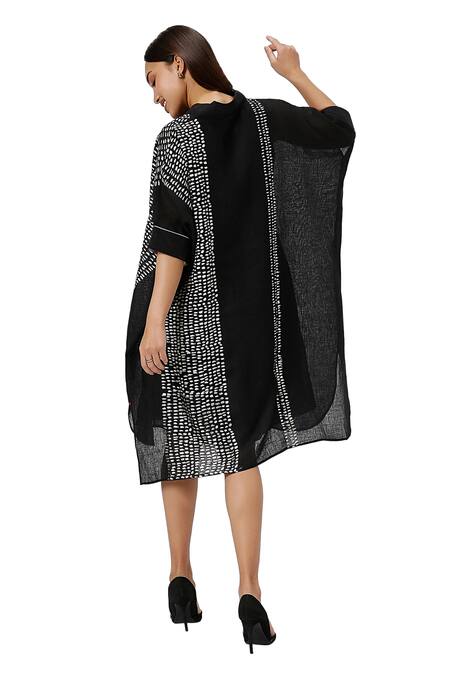 Kaveri Black Linen Foil Printing V-neck Forest Land Boxy Square Dress With Inner Online at Aza Fashions Kaveri_Black Linen Foil Printing V-neck Forest Land Boxy Square Dress With Inner _Online_at_Aza_Fashions
