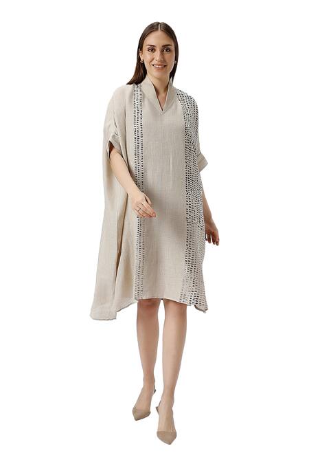 Kaveri Beige Linen Foil Printing V-neck Forest Land Square Dress With Inner Online at Aza Fashions Kaveri_Beige Linen Foil Printing V-neck Forest Land Square Dress With Inner _Online_at_Aza_Fashions
