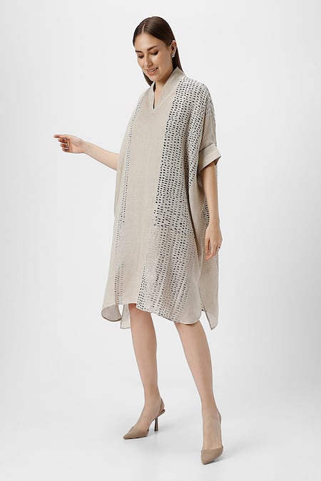 Buy Kaveri Beige Linen Foil Printing V-neck Forest Land Square Dress With Inner Online at Aza Fashions Buy_Kaveri_Beige Linen Foil Printing V-neck Forest Land Square Dress With Inner _Online_at_Aza_Fashions