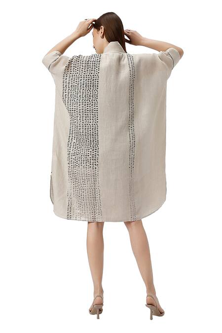 Shop Kaveri Beige Linen Foil Printing V-neck Forest Land Square Dress With Inner Online at Aza Fashions Shop_Kaveri_Beige Linen Foil Printing V-neck Forest Land Square Dress With Inner _Online_at_Aza_Fashions