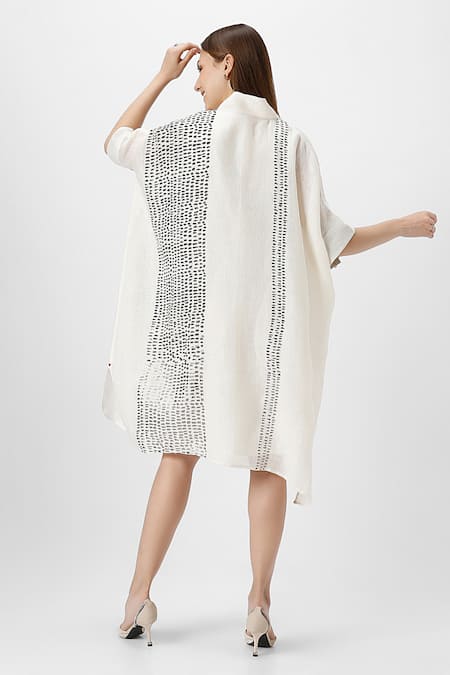 Shop Kaveri Off White Linen Foil Printing V-neck Forest Land Square Midi Dress With Inner at Aza Fashions Shop_Kaveri_Off White Linen Foil Printing V-neck Forest Land Square Midi Dress With Inner _at_Aza_Fashions