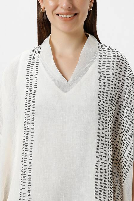 Kaveri Off White Linen Foil Printing V-neck Forest Land Square Midi Dress With Inner Online at Aza Fashions Kaveri_Off White Linen Foil Printing V-neck Forest Land Square Midi Dress With Inner _Online_at_Aza_Fashions