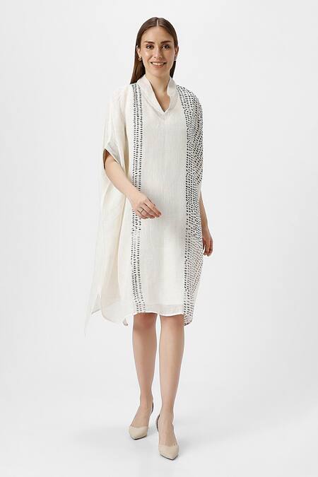 Buy Kaveri Off White Linen Foil Printing V-neck Forest Land Square Midi Dress With Inner Online at Aza Fashions Buy_Kaveri_Off White Linen Foil Printing V-neck Forest Land Square Midi Dress With Inner _Online_at_Aza_Fashions