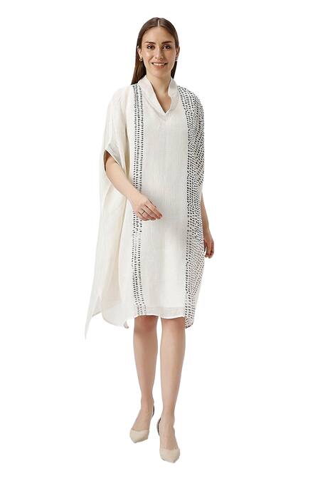 Shop Kaveri Off White Linen Foil Printing V-neck Forest Land Square Midi Dress With Inner Online at Aza Fashions Shop_Kaveri_Off White Linen Foil Printing V-neck Forest Land Square Midi Dress With Inner _Online_at_Aza_Fashions