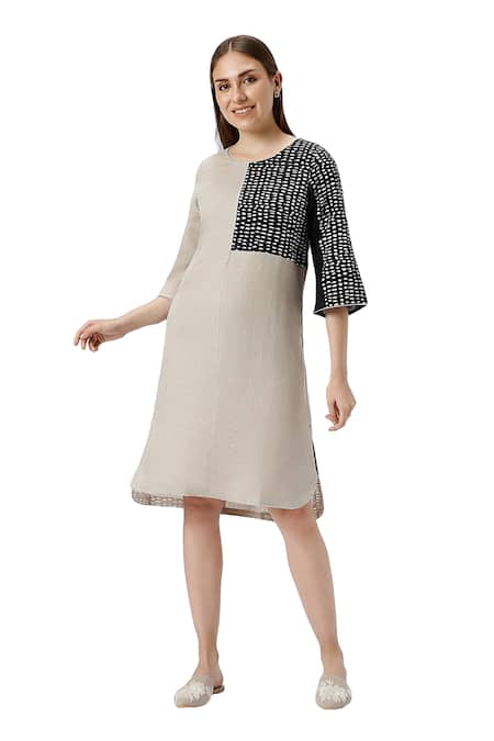 Kaveri Beige Linen Foil Printing Round Neck Forest Land Asymmetric Midi Dress Online at Aza Fashions Kaveri_Beige Linen Foil Printing Round Neck Forest Land Asymmetric Midi Dress _Online_at_Aza_Fashions