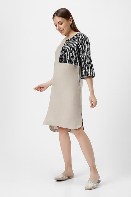 Shop Kaveri Beige Linen Foil Printing Round Neck Forest Land Asymmetric Midi Dress Online at Aza Fashions Shop_Kaveri_Beige Linen Foil Printing Round Neck Forest Land Asymmetric Midi Dress _Online_at_Aza_Fashions