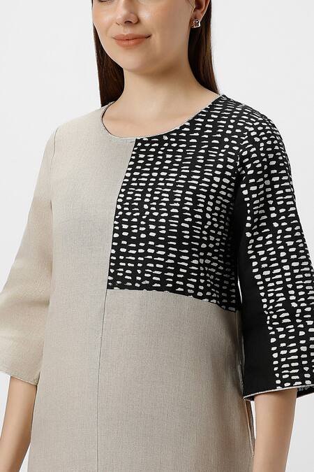 Kaveri Beige Linen Foil Printing Round Neck Forest Land Asymmetric Midi Dress at Aza Fashions Kaveri_Beige Linen Foil Printing Round Neck Forest Land Asymmetric Midi Dress _at_Aza_Fashions