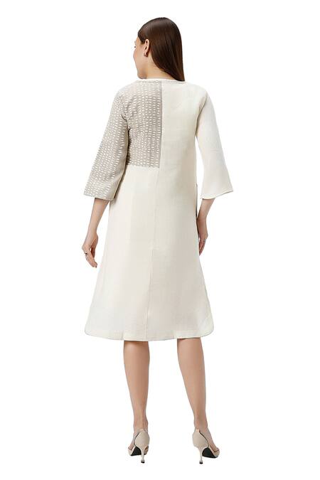 Kaveri_Beige Linen Foil Printing Round Neck Forest Land Colorblocked Midi Dress _Online_at_Aza_Fashions