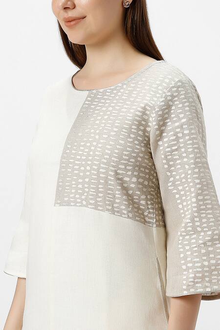 Buy_Kaveri_Beige Linen Foil Printing Round Neck Forest Land Colorblocked Midi Dress _Online_at_Aza_Fashions