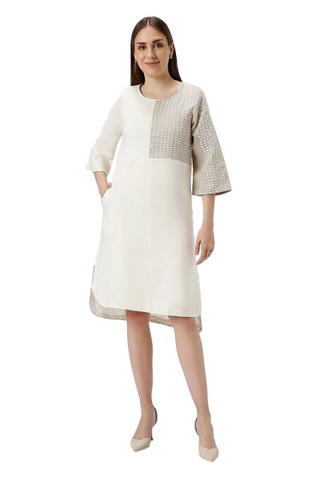 Shop_Kaveri_Beige Linen Foil Printing Round Neck Forest Land Colorblocked Midi Dress _Online_at_Aza_Fashions