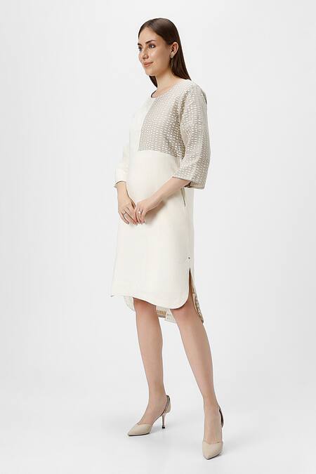 Kaveri_Beige Linen Foil Printing Round Neck Forest Land Colorblocked Midi Dress _at_Aza_Fashions