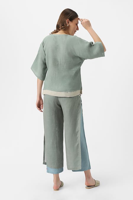 Shop Kaveri Green 100% Linen Solid V Neck Zen Layered Top With Pant at Aza Fashions Shop_Kaveri_Green 100% Linen Solid V Neck Zen Layered Top With Pant _at_Aza_Fashions