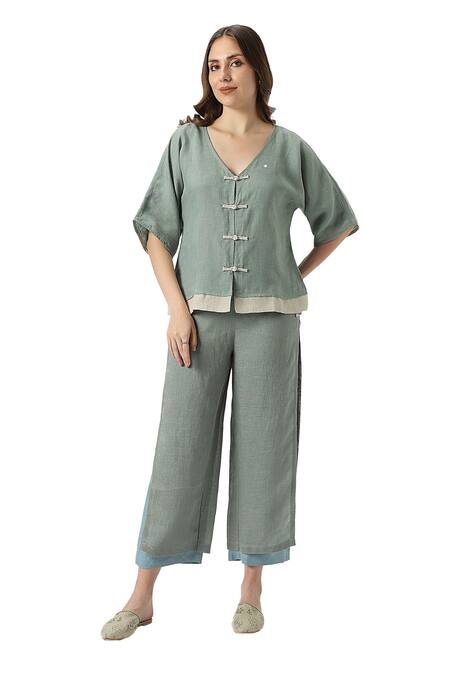 Shop Kaveri Green 100% Linen Solid V Neck Zen Layered Top With Pant Online at Aza Fashions Shop_Kaveri_Green 100% Linen Solid V Neck Zen Layered Top With Pant _Online_at_Aza_Fashions