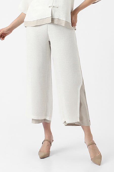 Buy Kaveri Off White 100% Linen Solid V Neck Zen Layered Top With Pant Online at Aza Fashions Buy_Kaveri_Off White 100% Linen Solid V Neck Zen Layered Top With Pant _Online_at_Aza_Fashions