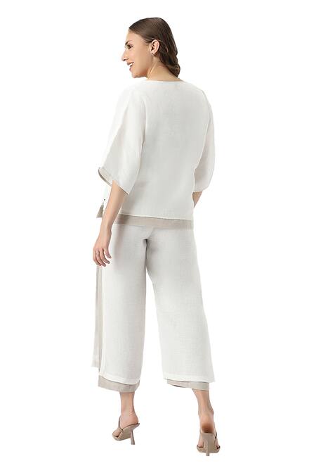 Buy Kaveri Off White 100% Linen Solid V Neck Zen Layered Top With Pant Buy_Kaveri_Off White 100% Linen Solid V Neck Zen Layered Top With Pant