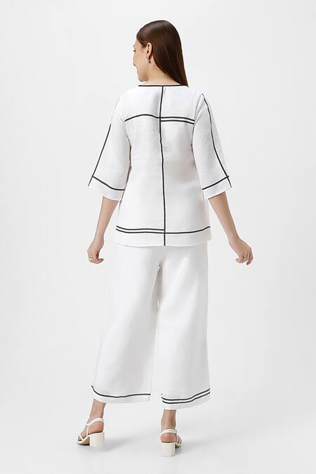 Shop_Kaveri_White 100% Linen Tape Round Neck Crossroad Top With Pant  _at_Aza_Fashions