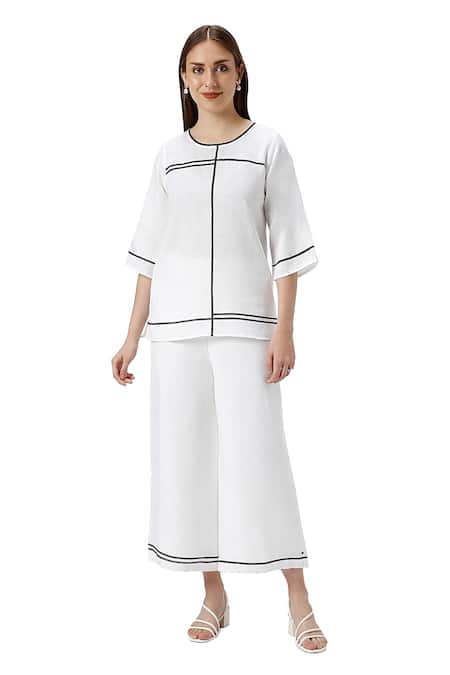 Kaveri_White 100% Linen Tape Round Neck Crossroad Top With Pant  _Online_at_Aza_Fashions