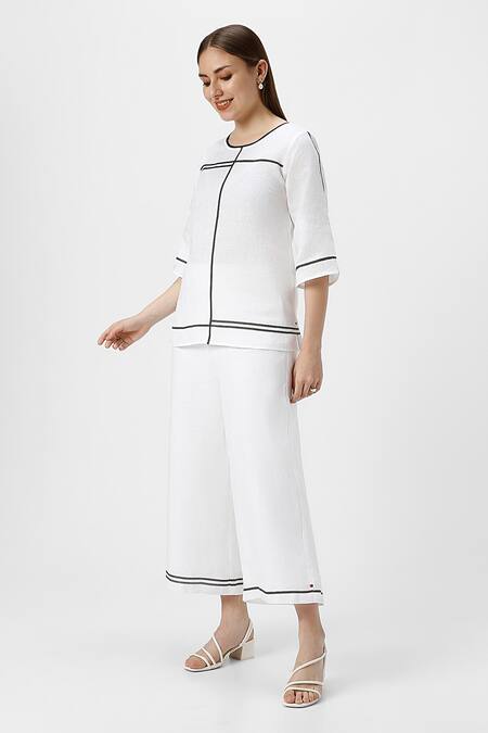 Buy_Kaveri_White 100% Linen Tape Round Neck Crossroad Top With Pant  _Online_at_Aza_Fashions