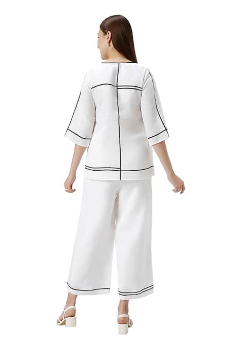 Shop_Kaveri_White 100% Linen Tape Round Neck Crossroad Top With Pant  _Online_at_Aza_Fashions