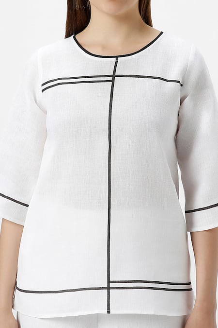 Kaveri_White 100% Linen Tape Round Neck Crossroad Top With Pant  _at_Aza_Fashions