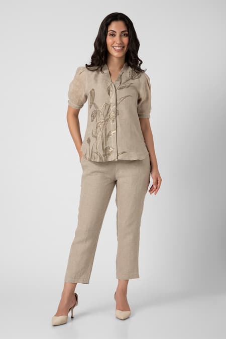 Shop Kaveri Grey 100% Linen Printed Dainty Bloom V Neck Tulip Top And Pant Set Online at Aza Fashions Shop_Kaveri_Grey 100% Linen Printed Dainty Bloom V Neck Tulip Top And Pant Set _Online_at_Aza_Fashions