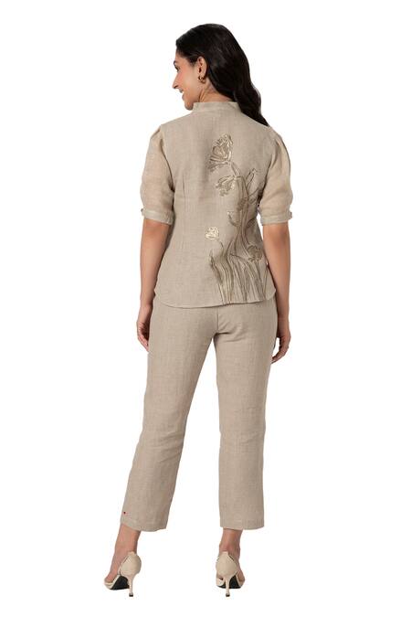 Buy Kaveri Grey 100% Linen Printed Dainty Bloom V Neck Tulip Top And Pant Set Buy_Kaveri_Grey 100% Linen Printed Dainty Bloom V Neck Tulip Top And Pant Set