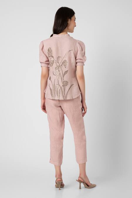 Shop Kaveri Pink 100% Linen Printed Dainty Bloom V Shadow Rose Embroidered Top And Pant Set at Aza Fashions Shop_Kaveri_Pink 100% Linen Printed Dainty Bloom V Shadow Rose Embroidered Top And Pant Set _at_Aza_Fashions