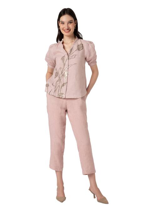 Buy Kaveri Pink 100% Linen Printed Dainty Bloom V Shadow Rose Embroidered Top And Pant Set Online at Aza Fashions Buy_Kaveri_Pink 100% Linen Printed Dainty Bloom V Shadow Rose Embroidered Top And Pant Set _Online_at_Aza_Fashions