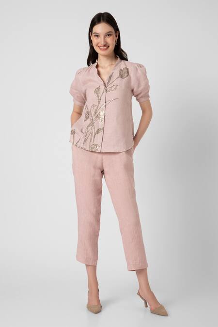 Shop Kaveri Pink 100% Linen Printed Dainty Bloom V Shadow Rose Embroidered Top And Pant Set Online at Aza Fashions Shop_Kaveri_Pink 100% Linen Printed Dainty Bloom V Shadow Rose Embroidered Top And Pant Set _Online_at_Aza_Fashions