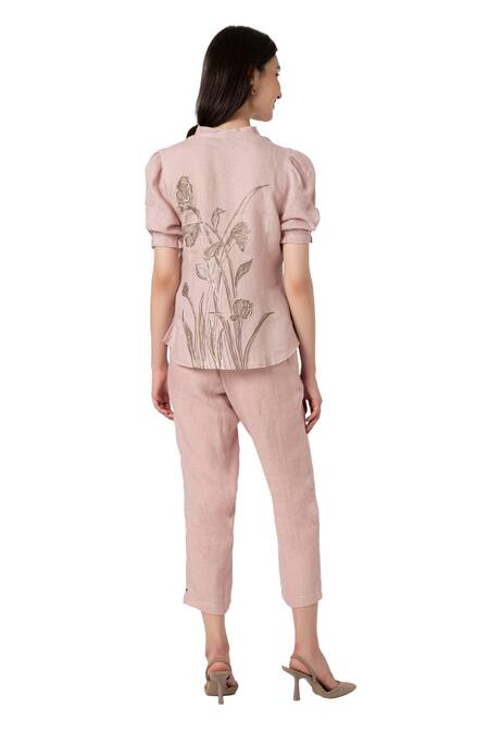 Kaveri Pink 100% Linen Printed Dainty Bloom V Shadow Rose Embroidered Top And Pant Set at Aza Fashions Kaveri_Pink 100% Linen Printed Dainty Bloom V Shadow Rose Embroidered Top And Pant Set _at_Aza_Fashions