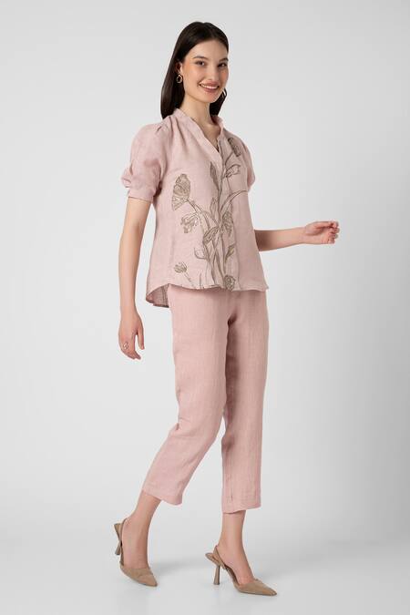 Buy Kaveri Pink 100% Linen Printed Dainty Bloom V Shadow Rose Embroidered Top And Pant Set Buy_Kaveri_Pink 100% Linen Printed Dainty Bloom V Shadow Rose Embroidered Top And Pant Set