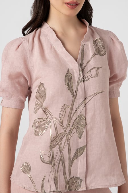 Shop Kaveri Pink 100% Linen Printed Dainty Bloom V Shadow Rose Embroidered Top And Pant Set Shop_Kaveri_Pink 100% Linen Printed Dainty Bloom V Shadow Rose Embroidered Top And Pant Set
