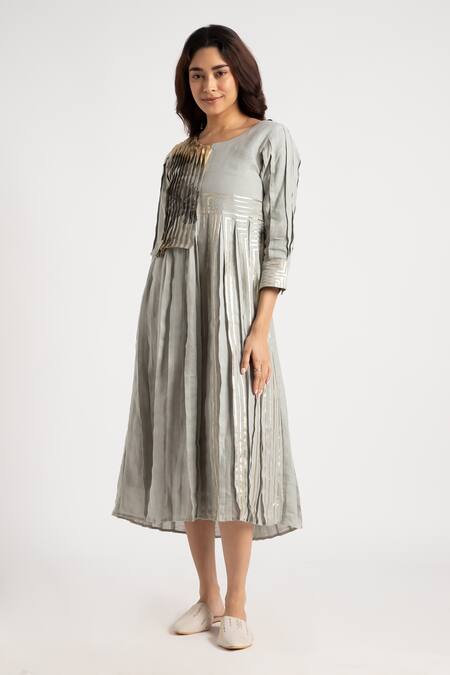 Kaveri_Green Linen Foil Printing Round Neck Illusion Amanda Floral Dress_Online_at_Aza_Fashions