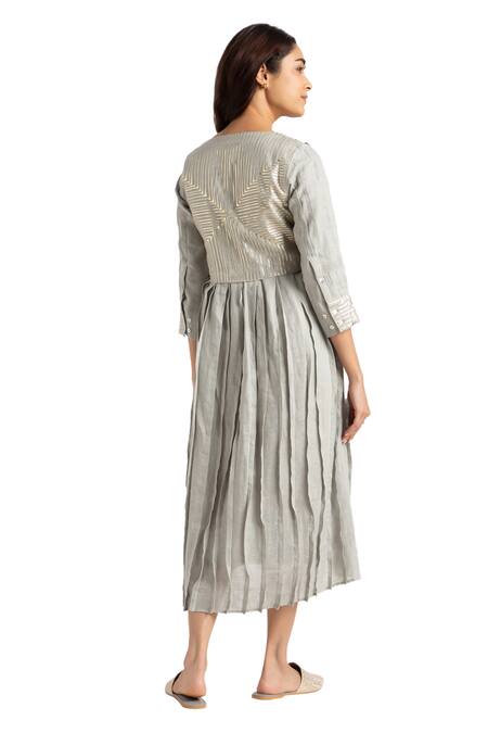 Buy_Kaveri_Green Linen Foil Printing Round Neck Illusion Amanda Floral Dress_Online_at_Aza_Fashions