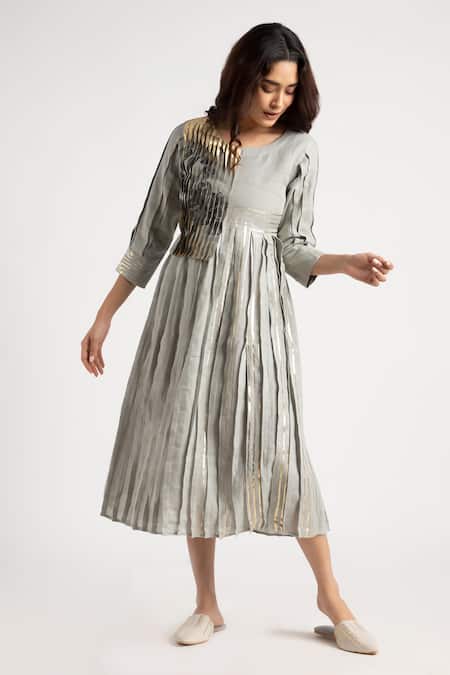 Shop_Kaveri_Green Linen Foil Printing Round Neck Illusion Amanda Floral Dress_Online_at_Aza_Fashions
