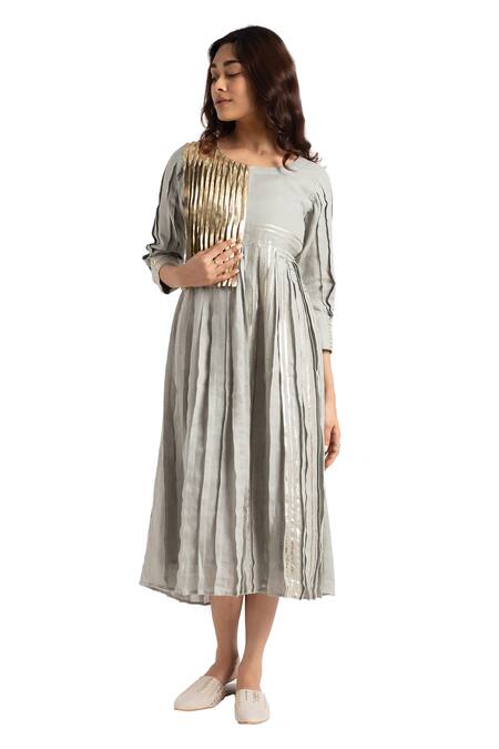 Kaveri_Green Linen Foil Printing Round Neck Illusion Amanda Floral Dress_at_Aza_Fashions